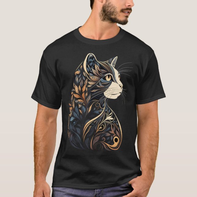 Vacker katt blomster Mönster Blå och Beige Tan Bl T Shirt (Framsida)