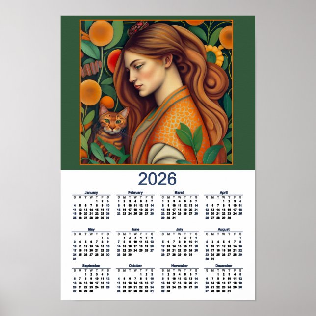 Vacker katt och dam 2026 kalender poster (Framsidan)