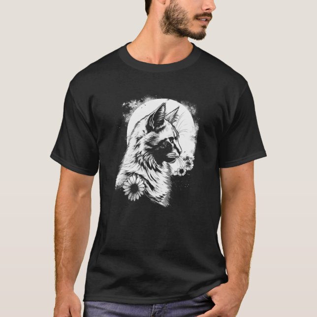 vacker katt och solros med måne silhouette t shirt (Framsida)