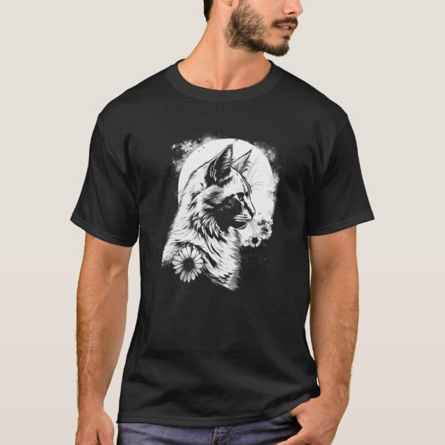 vacker katt och solros med månens siluett   t shirt (Framsida)