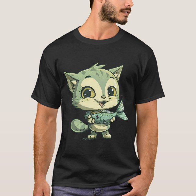 vacker katt som håller fisk t shirt (Framsida)