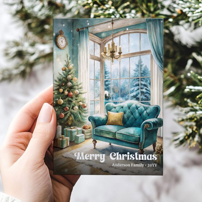 Vacker klassisk julinteriör med festlig  julkort (Lovely classic Christmas interior with festive Holiday Card)