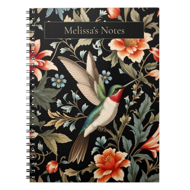 Vacker kolibri på mörk blomsterbakgrund anteckningsbok (Framsidan)