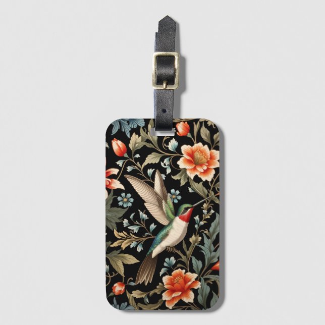 Vacker kolibri på mörk blomsterbakgrund bagagebricka (Framsida vertikal)