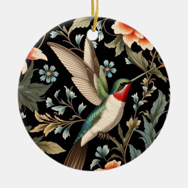 Vacker kolibri på mörk blomsterbakgrund julgransprydnad keramik (Framsidan)