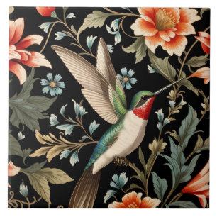 Vacker kolibri på mörk blomsterbakgrund kakelplatta