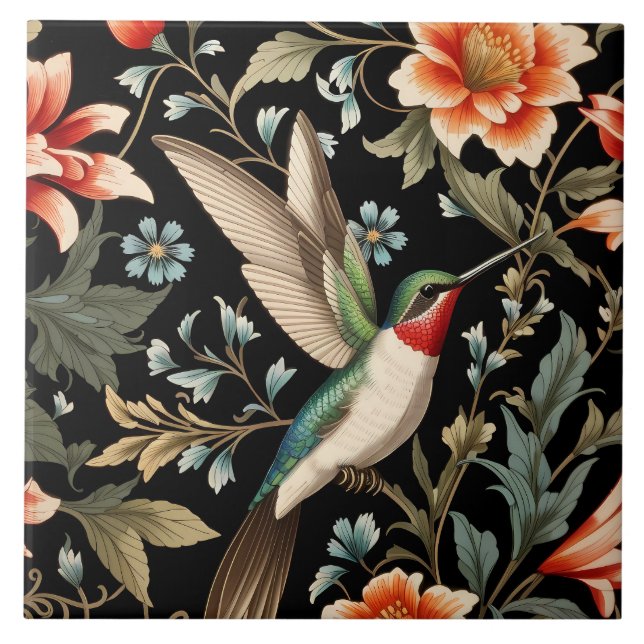 Vacker kolibri på mörk blomsterbakgrund kakelplatta (Framsidan)