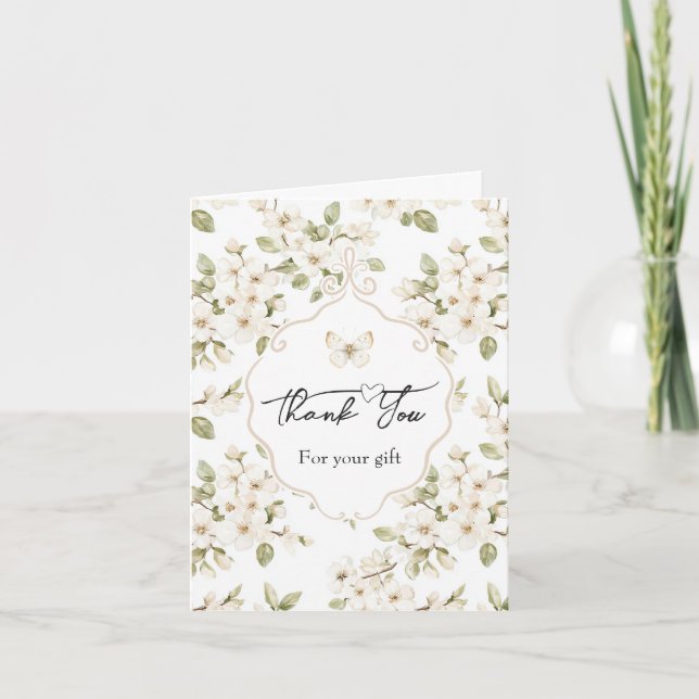 Vacker krämfärgad blommande träd fjäril tack  kort (Framsida)