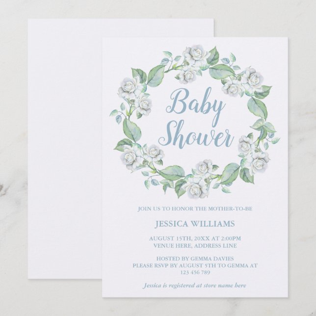 Vacker krans med vita rosor Baby Shower Inbjudningar (Fram/baksida)