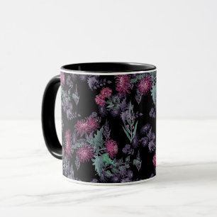 Vacker krysantemum röda blommor gröna grå blad mugg