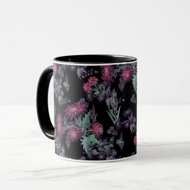 Vacker krysantemum röda blommor gröna grå blad mugg (Framsida vänster)