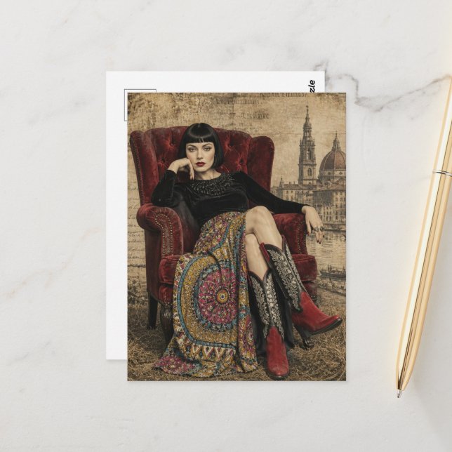 Vacker kvinna från 1920-talet sitter i en röd stol vykort (Fram/Back In Situ)