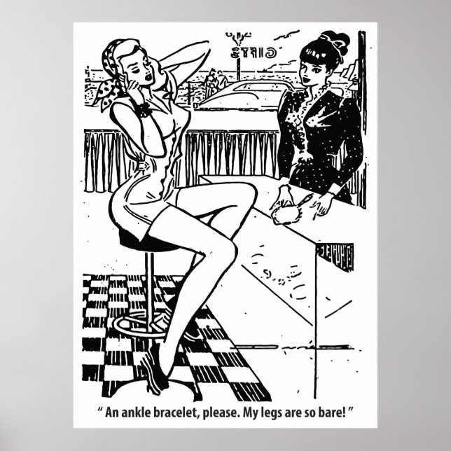Vacker kvinna i butiken, humor, vintage poster (Framsidan)
