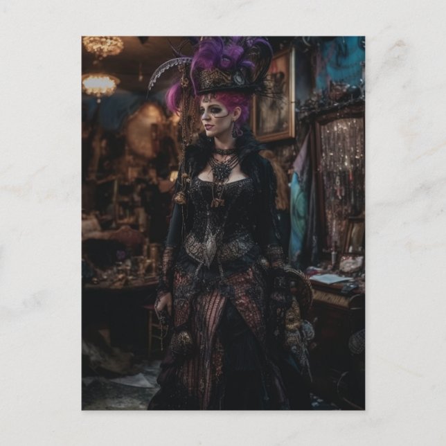 Vacker kvinna i kostymbutiken vykort (Framsida)