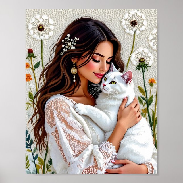 Vacker kvinna, katt och maskrosor poster (Framsidan)