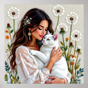 Vacker kvinna, katt och maskrosor poster