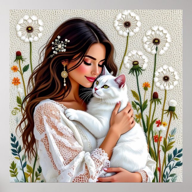 Vacker kvinna, katt och maskrosor poster (Framsidan)