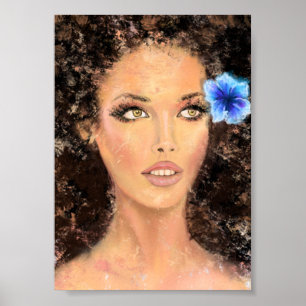 Vacker kvinna med blå blomma - Originalmålning Poster