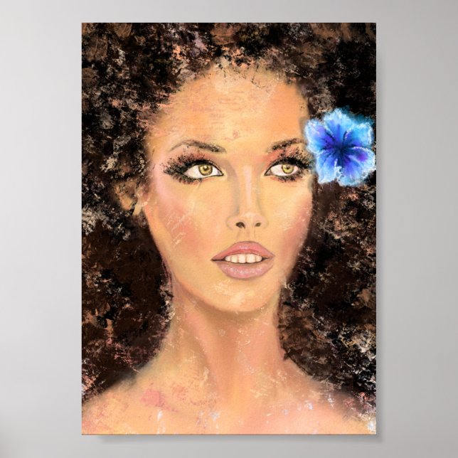 Vacker kvinna med blå blomma - Originalmålning  Poster (Framsidan)