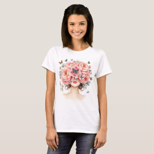 Vacker kvinna med jätte rosa rosor och fjärilar t shirt