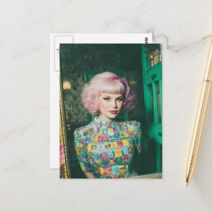 Vacker kvinna med rosa hår i spegeln vykort