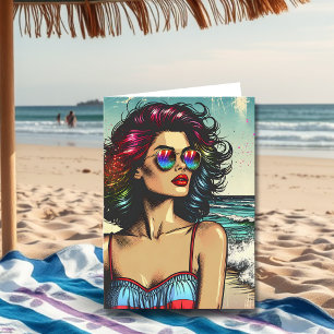 Vacker kvinna på strand Pop Art födelsedag Kort