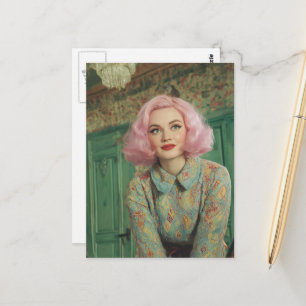 Vacker kvinna rosa hår retro hus vykort