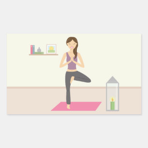 Vacker kvinna som gör yoga i ett dekorerat rum rektangulärt klistermärke
