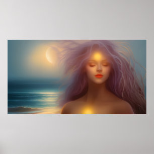 Vacker kvinna strand månsken hav 4 poster