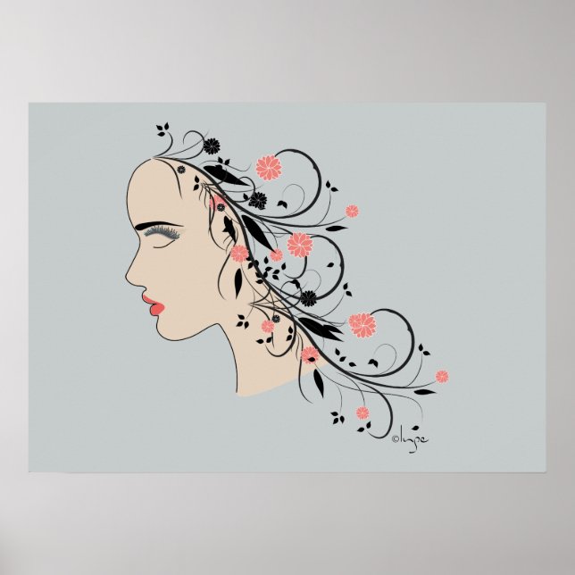 Vacker kvinnlig profil med blommor och snurrar poster (Framsidan)