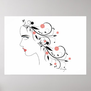 Vacker kvinnlig profil med blommor och snurrar poster