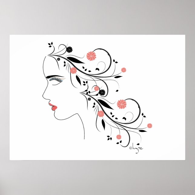 Vacker kvinnlig profil med blommor och snurrar poster (Framsidan)