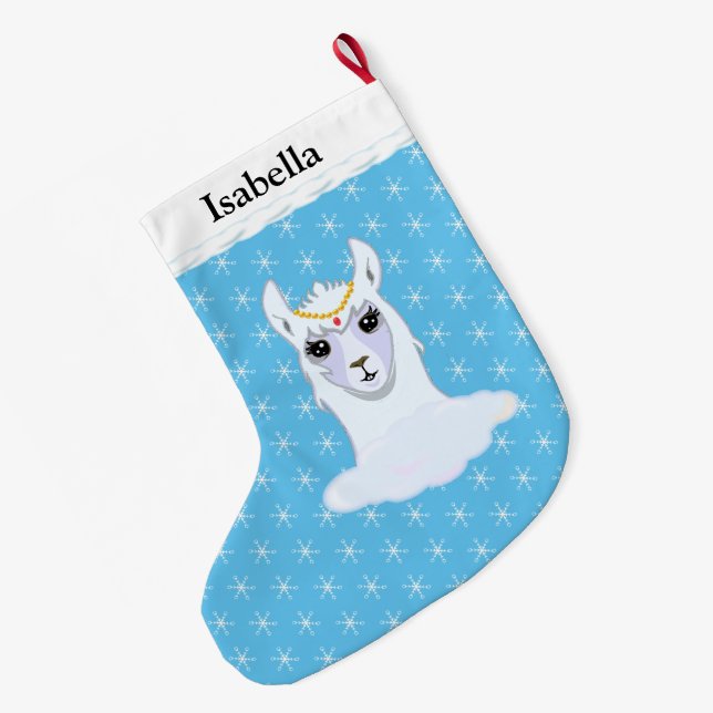 Vacker Lama & Snöflingor på Turkos Stor Julstrumpa (Baksidan (Hängande))