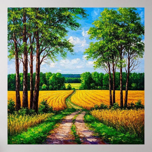 Vacker landsbygdsväg mitt i gyllene fält poster (Framsidan)