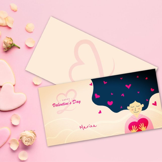 Vacker landskapsvalentin kvinna kram hjärtekort julkort (Skapare uppladdad)