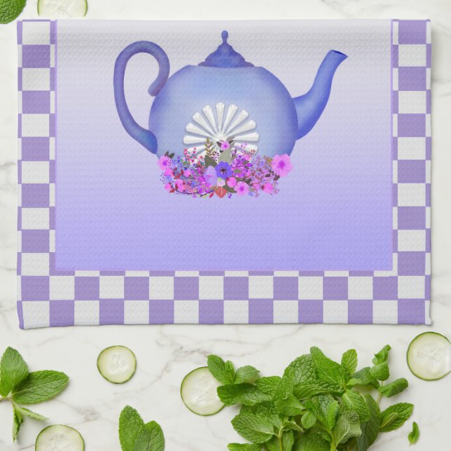 Vacker Lavender Tekanna + Blommor Kitchen Towel Kökshandduk (Vikta)