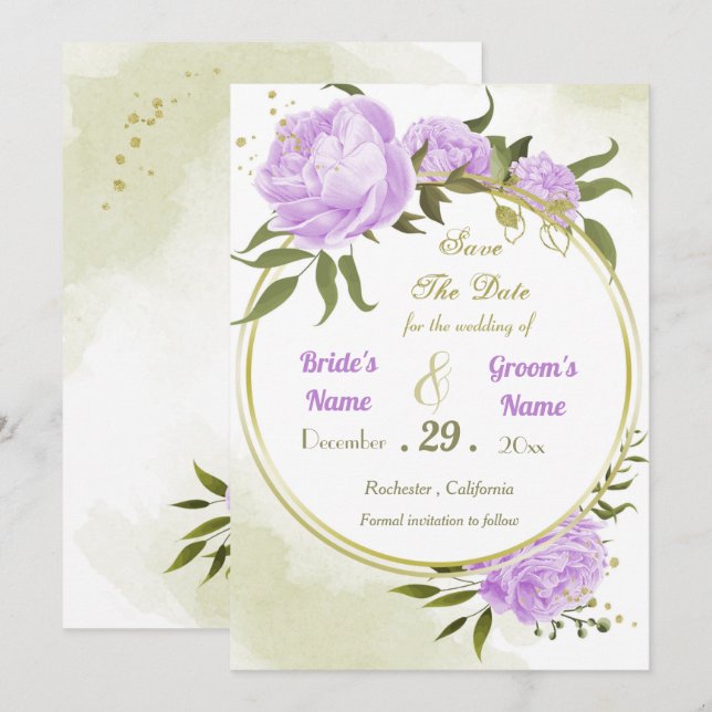 vacker lila blommor grönt löv andedräkt spara datumet (Fram/baksida)