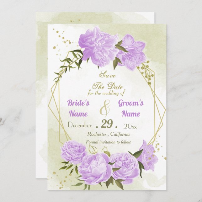 vacker lila blommor grönt löv-geometri spara datumet (Fram/baksida)