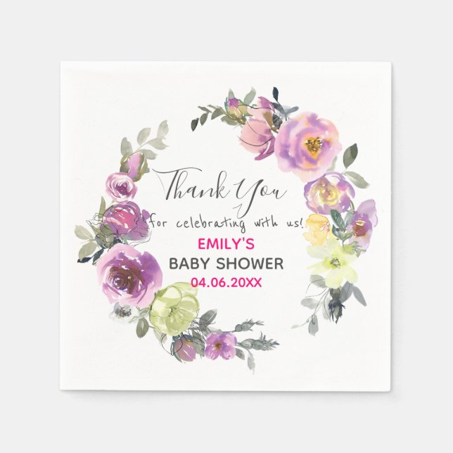Vacker lila blomsterkrans Tack Baby Shower Pappersservett (Framsidan)