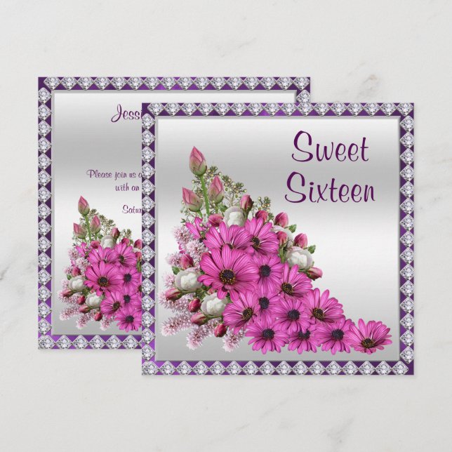 Vacker lila bukett & diamanter Sweet 16 Inbjudningar (Fram/baksida)