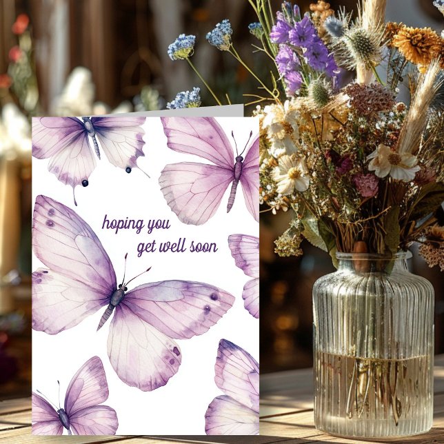 Vacker Lila Butterflies FÅR BRA SÅ SNART Kort (Beautiful Purple Butterflies GET WELL SOON Card
)