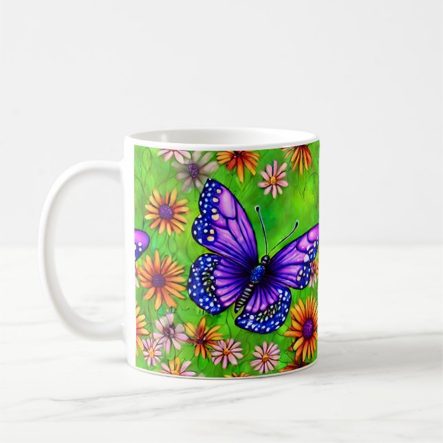 Vacker Lila Butterfly Flower Meadow Kaffemugg (Vänster)
