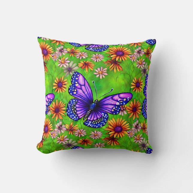 Vacker Lila Butterfly Flower Meadow Kudde (Framsida)