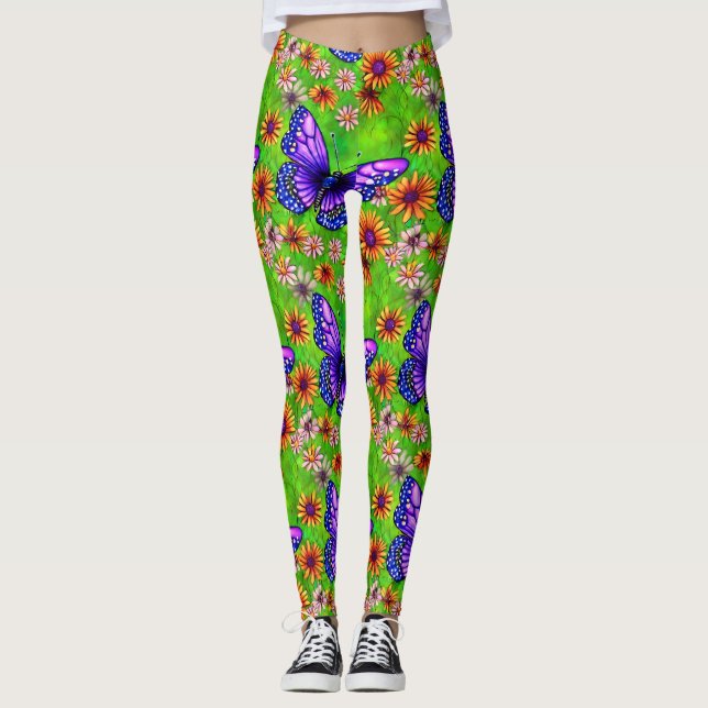 Vacker Lila Butterfly Flower Meadow Leggings (Framsida)