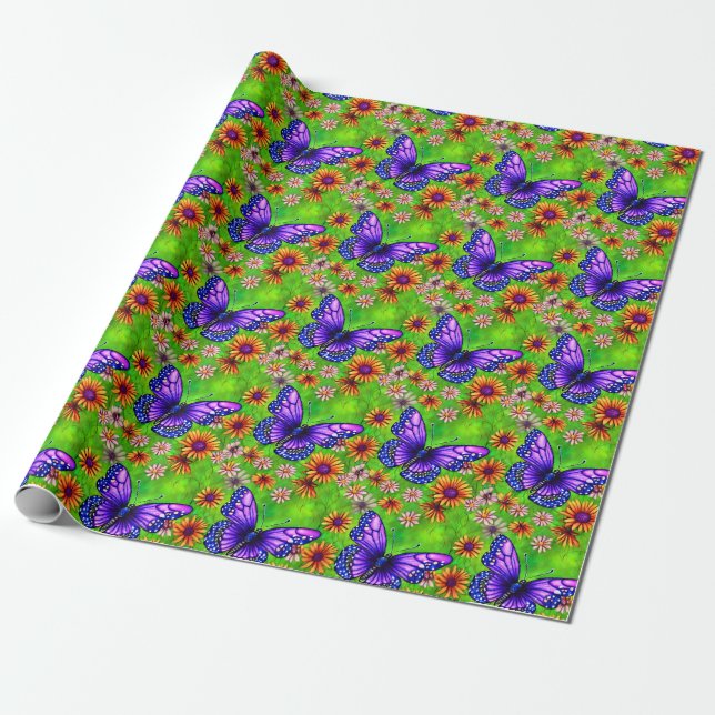 Vacker Lila Butterfly Flower Meadow Presentpapper (Utrullad)