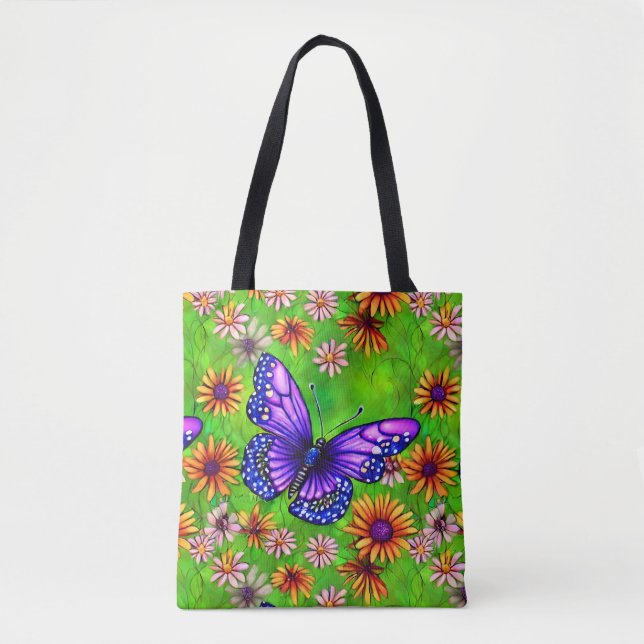 Vacker Lila Butterfly Flower Meadow Tygkasse (Framsida)