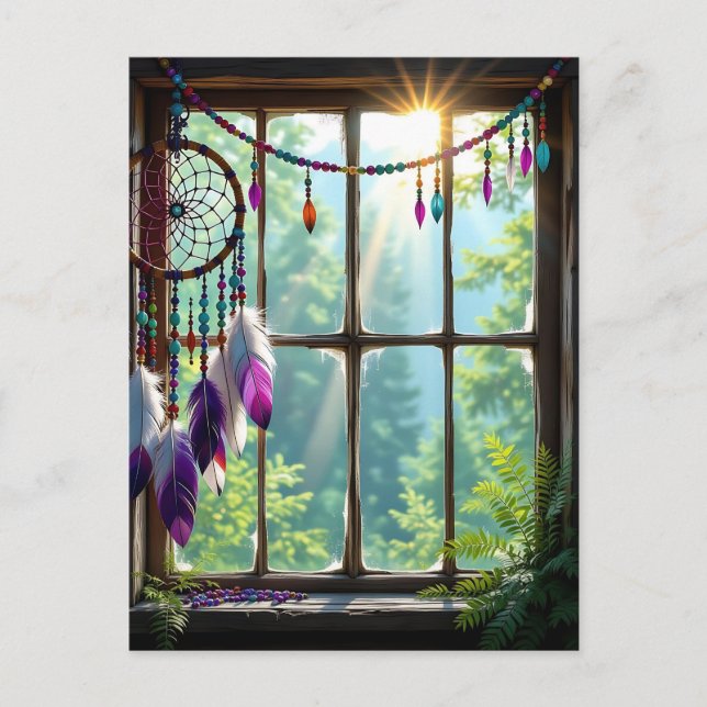 Vacker lila drömfångare i fönster   vykort (Framsida)