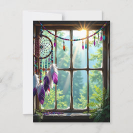 Vacker lila drömmfångare i fönster   vykort