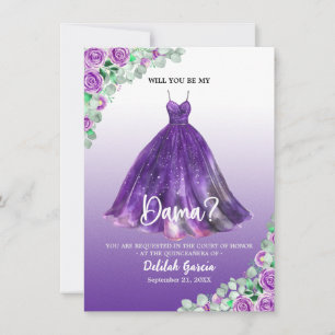 Vacker lila formell Quinceañera Dama-förfrågan Inbjudningar
