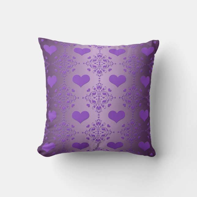 Vacker lila hjärt-damask kudde (Framsida)